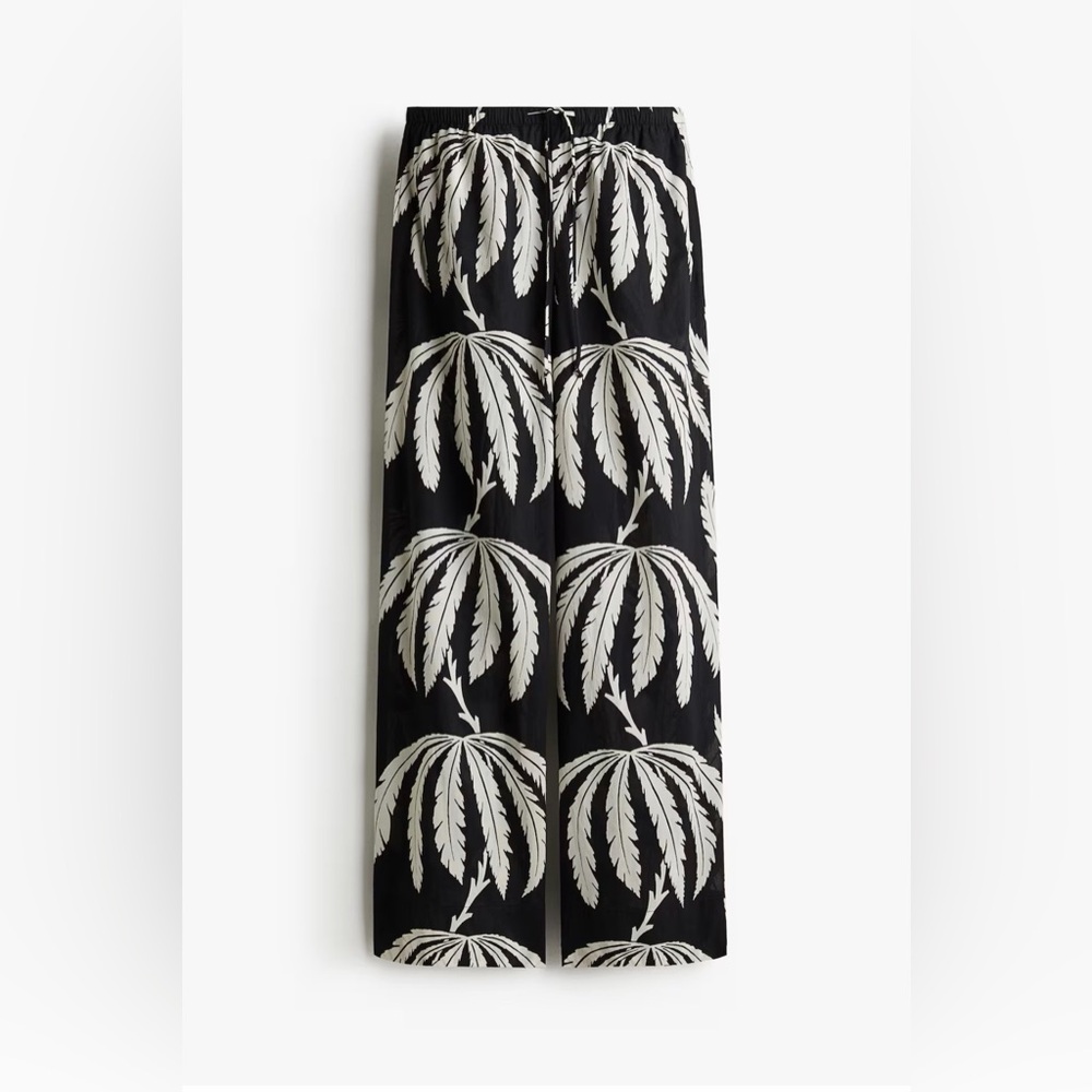 H&M Black Palm Print Wide Leg Pants Small Cotton Drawstring Semi Sheer Resort - Picture 4 of 13